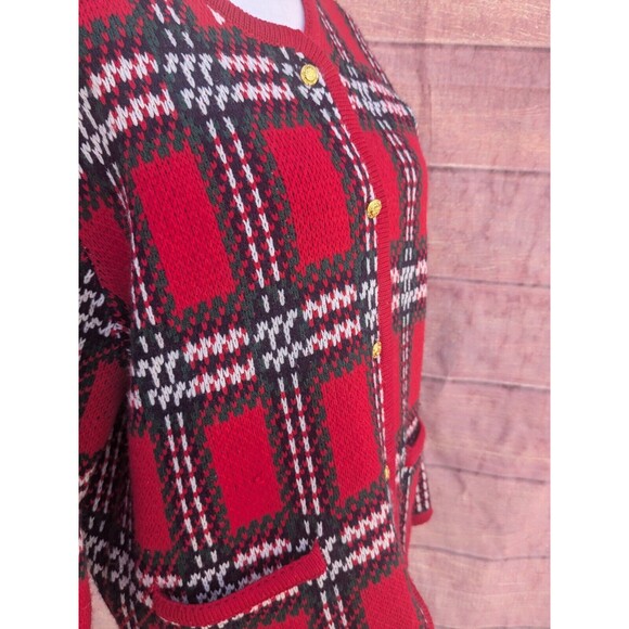 Plaid Cardigan Sweater Crystal Kobe Vintage Size S Ugly Christmas - Picture 2 of 8
